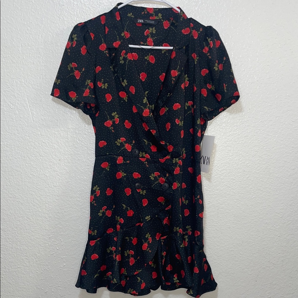 Zara Black and Red Floral Mini Dress